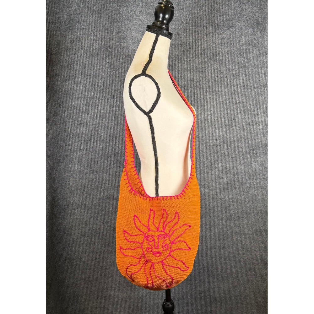 Crochet Knit Shoulder Bag Crossbody Orange Pink Celestial Sun India Whimsy Boho